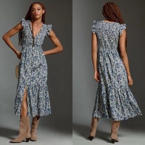 Anthropologie The Peregrine Blue Floral Cotton Smocked Midi Dress Cap Sleeve